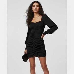 ZARA Black Ruched Mini Dress Long Sleeve Square Neck Sweetheart Puff Shoulder M